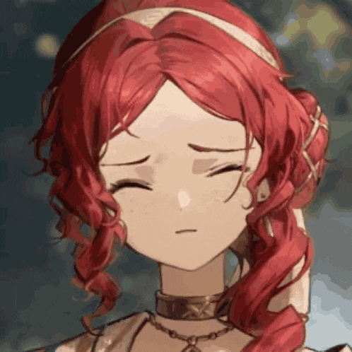a girl with red hair is wearing a choker and a headband .