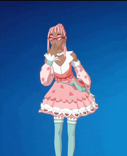 a girl with pink hair is wearing a pink dress with strawberries on the sleeves