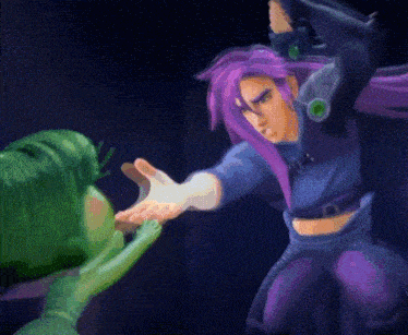 a cartoon character with purple hair is reaching out to another character with green hair