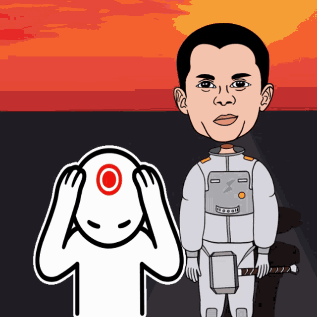 a cartoon drawing of a man in a space suit with a red circle on his head