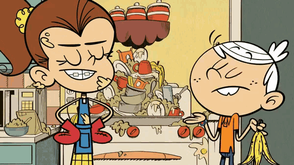 a cartoon of a boy and a girl standing in front of a messy kitchen