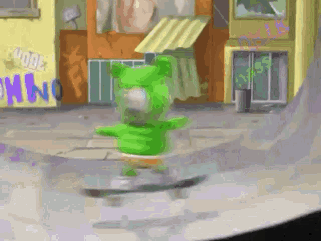 a gummy bear is riding a skateboard down a ramp in front of a sign that says ' hood '