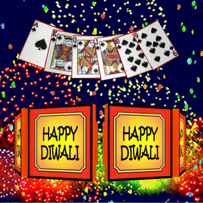 a happy diwali greeting card with playing cards and fireworks