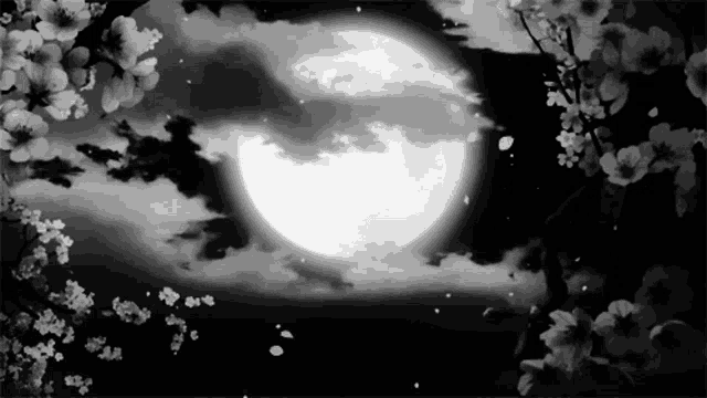 a black and white photo of a full moon surrounded by cherry blossoms