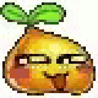 a pixel art illustration of a yellow pear with a green leaf on top .