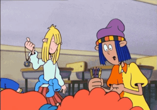 a cartoon of a girl holding a necklace and a boy holding colored crayons
