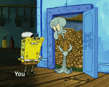 spongebob and squidward from spongebob squarepants are standing in front of a door that says you
