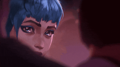 a woman with blue hair looks at a man in a dark room
