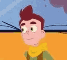a close up of a cartoon character wearing a yellow scarf and a green jacket .