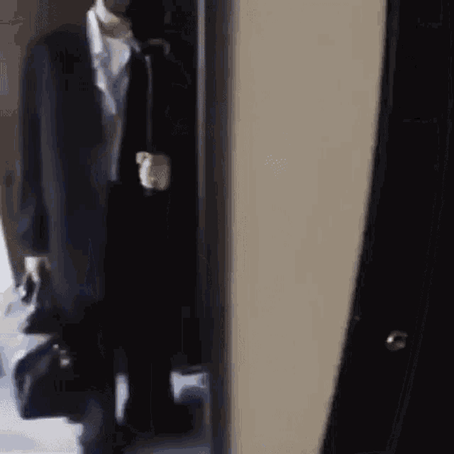 a man in a suit and tie is standing in front of a mirror holding a briefcase .