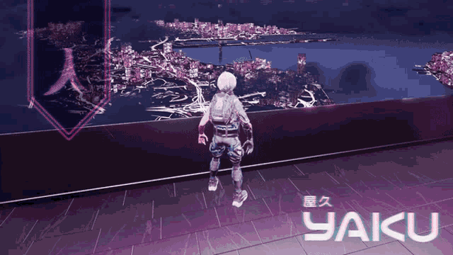 a person standing on a balcony with the word yaiku on the floor