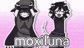 a couple of anime characters standing next to each other on a pink background with the words moxiluna .