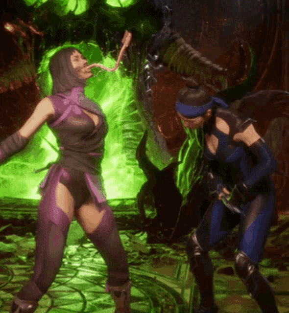 a woman in a purple outfit is fighting a man in a blue outfit in a video game