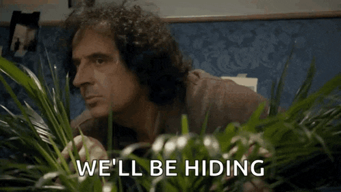 a man is hiding behind a plant and says we 'll be hiding .
