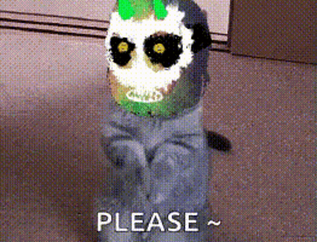 a picture of a cat wearing a joker costume with the word please below it .