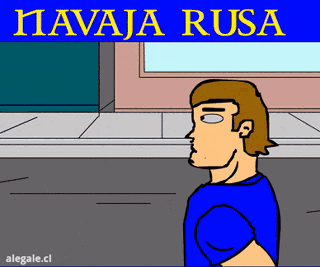 a cartoon of a man standing on a sidewalk with the words " navaja rusa " above him