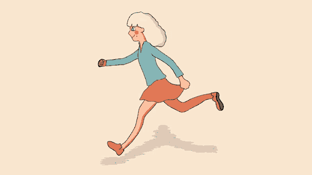 a cartoon drawing of a woman running with a blue shirt and red skirt
