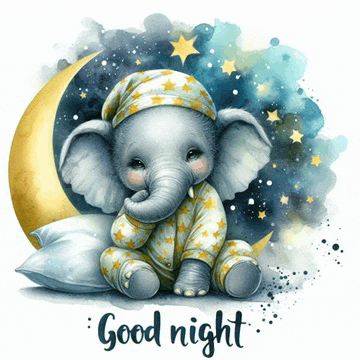 a baby elephant in pajamas is sitting on a pillow next to a crescent moon