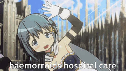 a cartoon of a girl with the words haemorroids hospital care