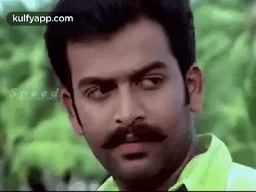 a man with a mustache is looking at the camera with a serious look on his face .