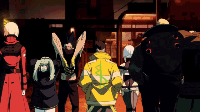 a group of cartoon characters are standing in front of a building with a sign that says ' apollo mobile '