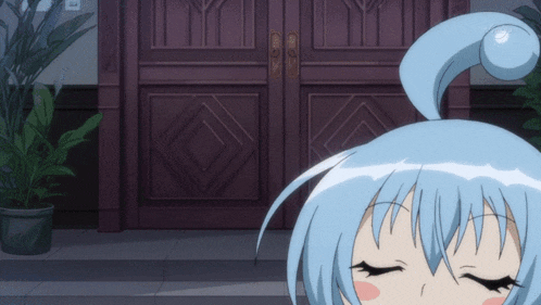 a girl with blue hair is standing in front of a door with a diamond pattern