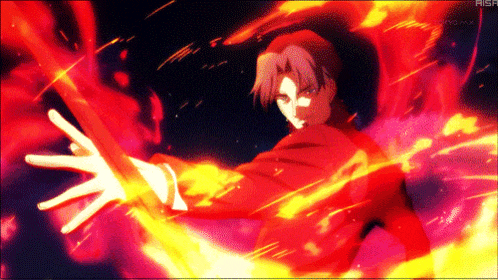 a man in a red coat is surrounded by flames and a tokyo mx logo