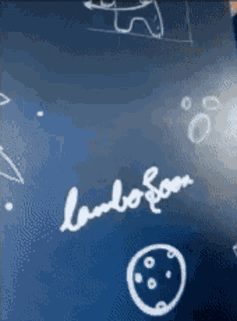 a blue background with a drawing of a circle and the word lambo soon on it