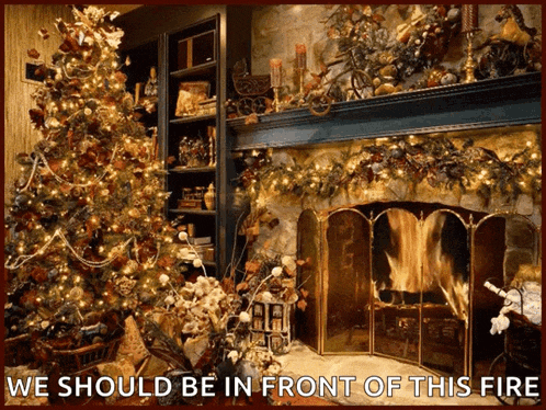 a picture of a fireplace with the words we should be in front of this fire on the bottom