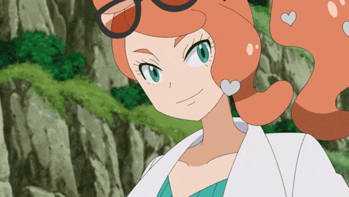 a close up of a cartoon character with orange hair and glasses
