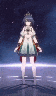 a girl with a crown on her head is standing in front of a dark background .