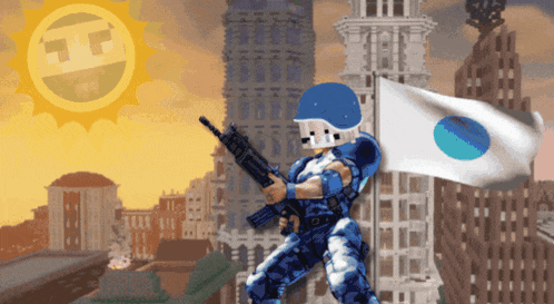 a man holding a gun and a flag in front of a building with a sun in the background