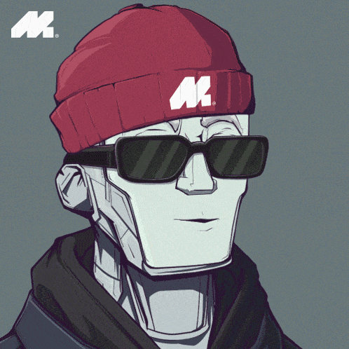 a cartoon drawing of a robot wearing sunglasses and a beanie with the letter m on it