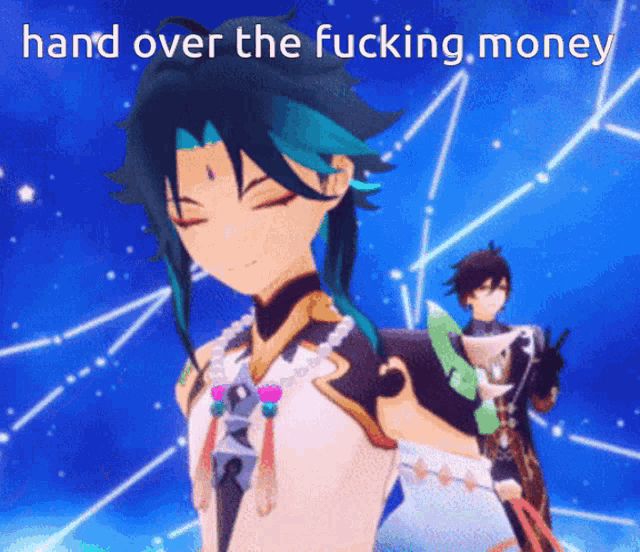 a cartoon character with the words hand over the fucking money written on it