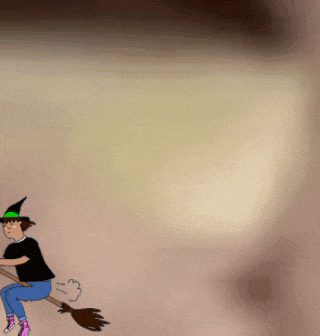 a cartoon drawing of a witch flying on a broom