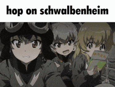 a group of anime girls with the words hop on schwalbenheim above them
