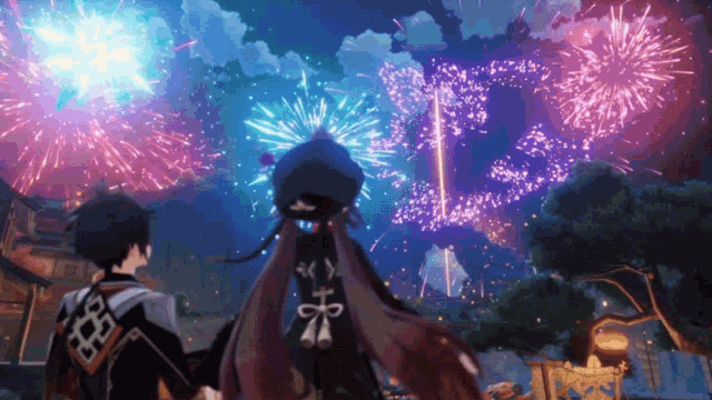 a man and a woman are looking at fireworks in the sky