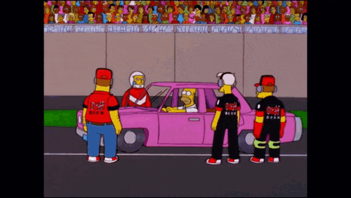 a cartoon of homer simpson in a pink car surrounded by people wearing shirts that say dr pepper