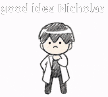 a drawing of a man with a light bulb above his head with the words good idea nicholas above him