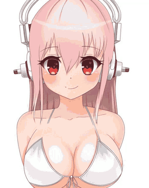 a girl with pink hair and headphones on her head