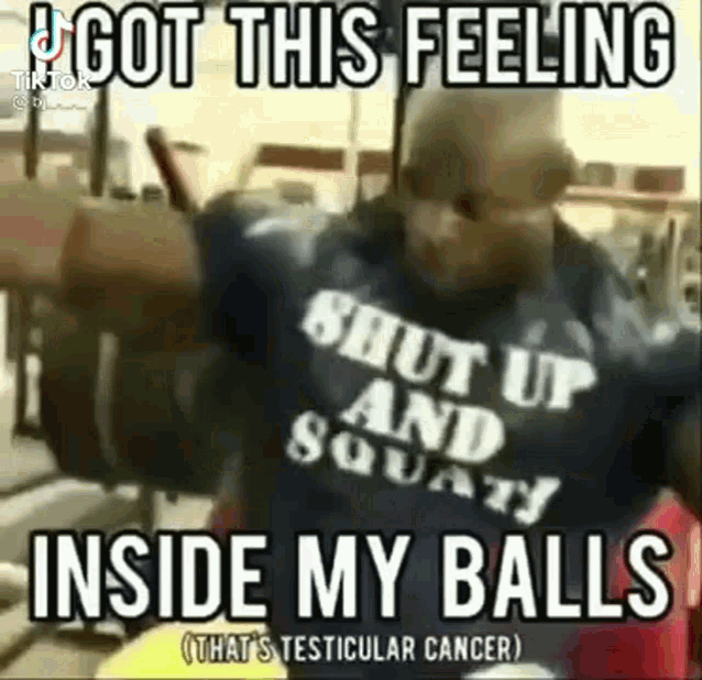 a man wearing a shirt that says `` shut up and squat '' is standing in a gym .