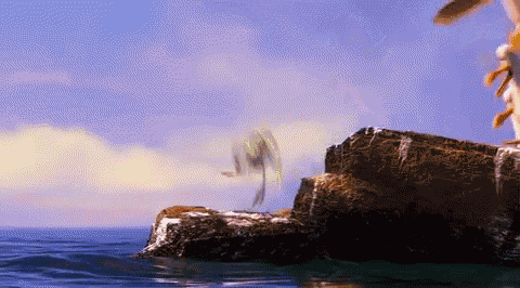 a cartoon of a dragon flying over a rock in the ocean
