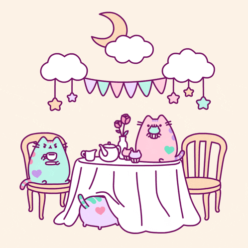 a cartoon of two cats sitting at a table with cupcakes