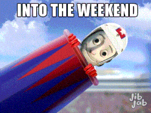 a cartoon character is flying through the air with the words into the weekend