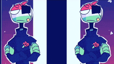 two cartoon characters are standing next to each other with their arms crossed and one has a flower on his shirt .
