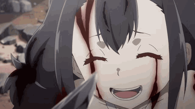 a girl with blood coming out of her face is smiling and holding a knife