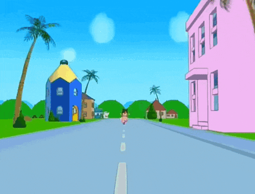 a cartoon character is running down a street in front of a pink house