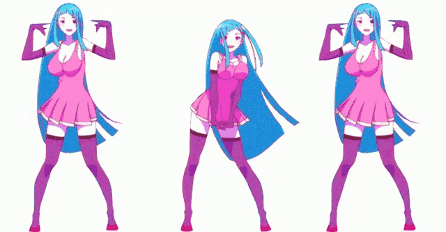 a cartoon girl with blue hair is dancing in a pink dress and purple stockings