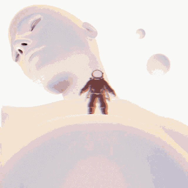 an astronaut is standing on the back of a giant white head