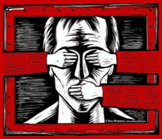 a drawing of a man covering his eyes and mouth